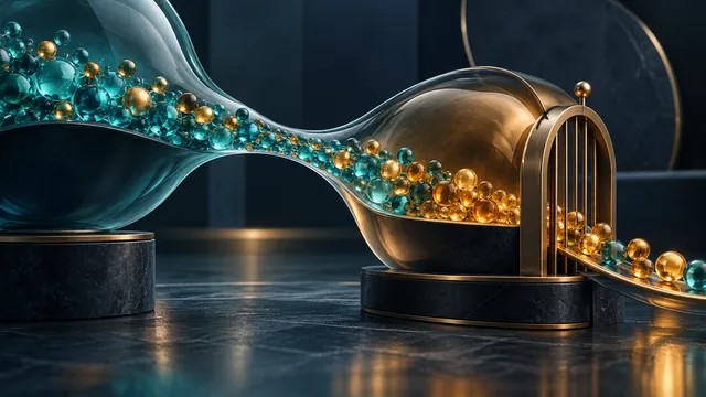 Vasos de liquidez de vidrio unidos por un flujo estrecho de cuentas de colores y una puerta de protección de salida. Ilustración editorial generada por AI.