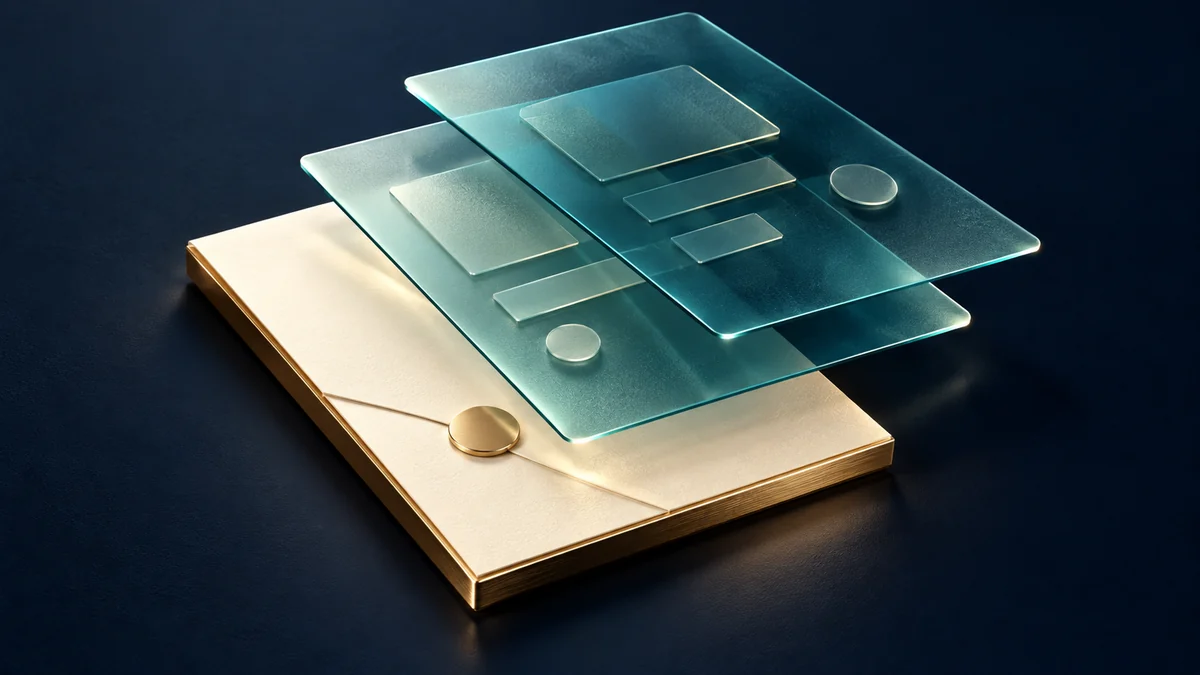 Ilustración interpretativa de una hoja de publicación estadística original junto a dos capas de revisión transparentes posteriores.