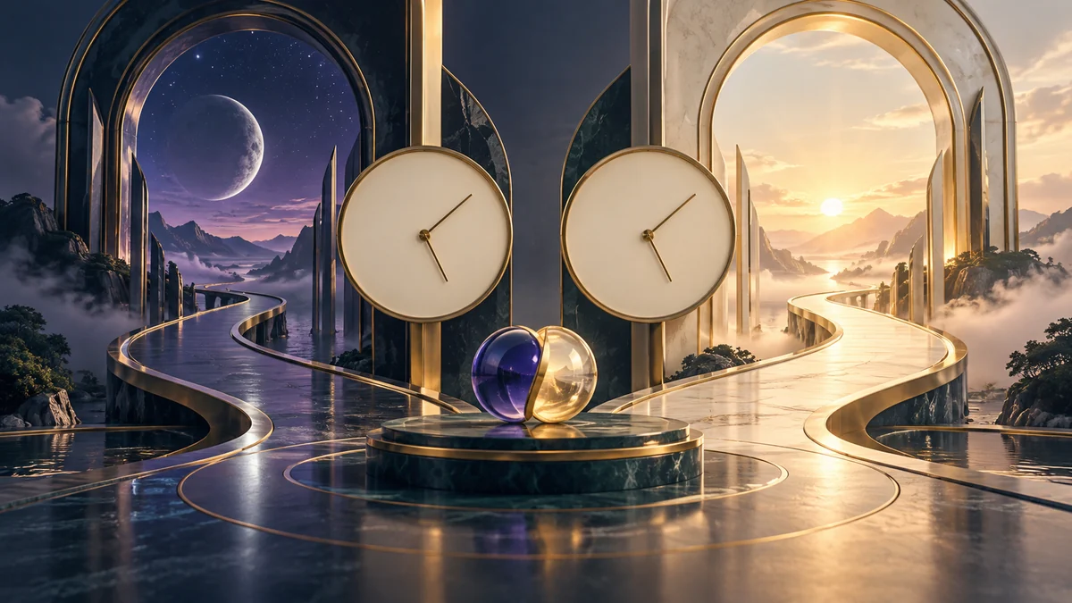 La ilustración interpretativa de dos caras de reloj local coincidentes vinculadas a posiciones distintas en un camino del tiempo global.