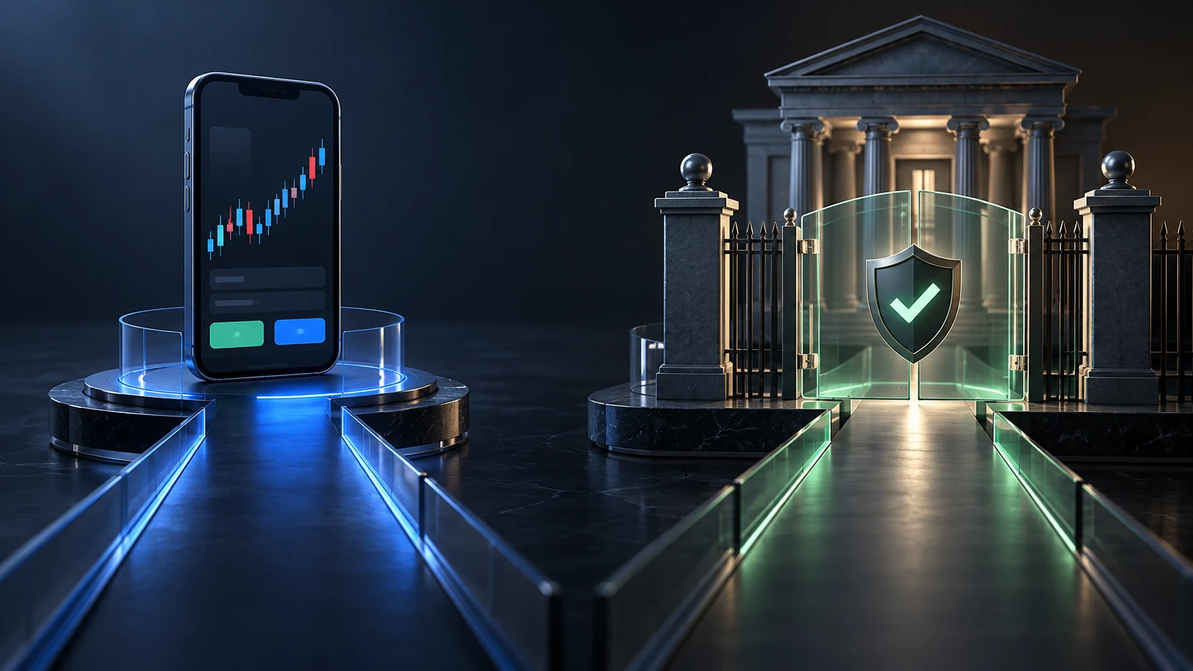 Mobile trading app icon separated from a regulator verification badge by a clear warning barrier