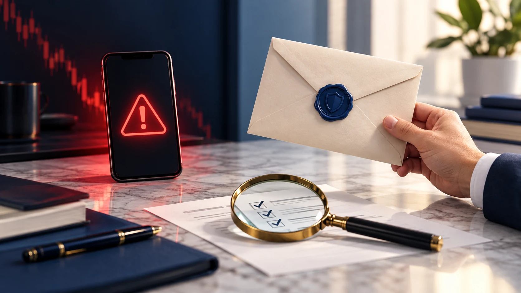 A phone warning beside an unverified recovery envelope and a checklist under a magnifying glass
