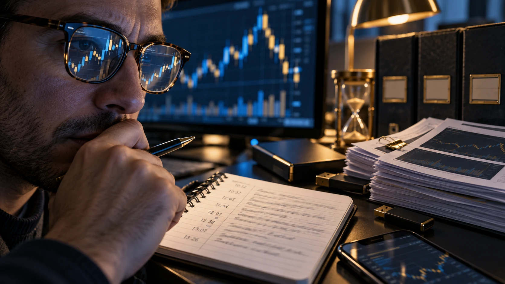 A trader reviewing timestamped notes and saved account records beside a generic market screen