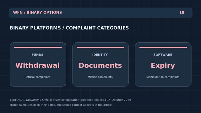 Original WFN editorial diagram: BINARY PLATFORMS / COMPLAINT CATEGORIES. FUNDS: Retiro — Denuncias de reflexión; IDENTIDAD: Documentos — Denuncia de uso indebido; SOFTWARE: Expiry — Denuncia por manipulación.