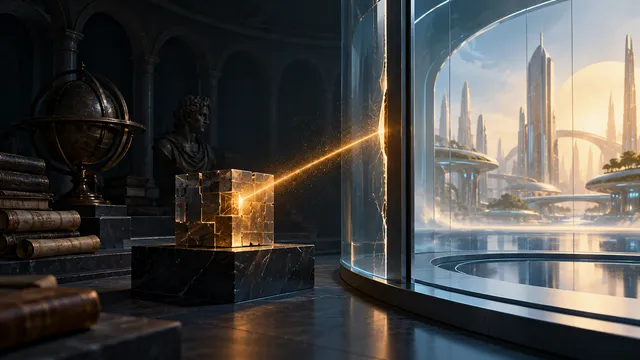 Un rayo de una cámara brillante del futuro que se filtra en un cubo modelo en una cámara histórica más oscura. Ilustración editorial generada por AI.
