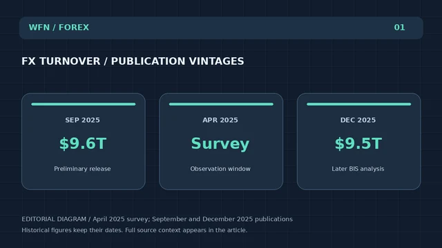 Diagrama editorial original de WFN: FX TURNOVER / PUBLICATION VINTAGES. SEP 2025: $9.6T — Comunicado preliminar; APR 2025: Survey — ventana de observación; DEC 2025: 9,5T — Más adelante análisis de BIS.