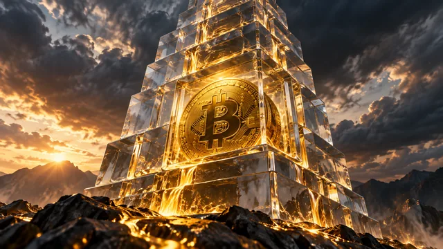 Una moneda de oro encerrada en una torre transparente de bloques apilados. Ilustración editorial conceptual generada por AI, no evidencia documental.