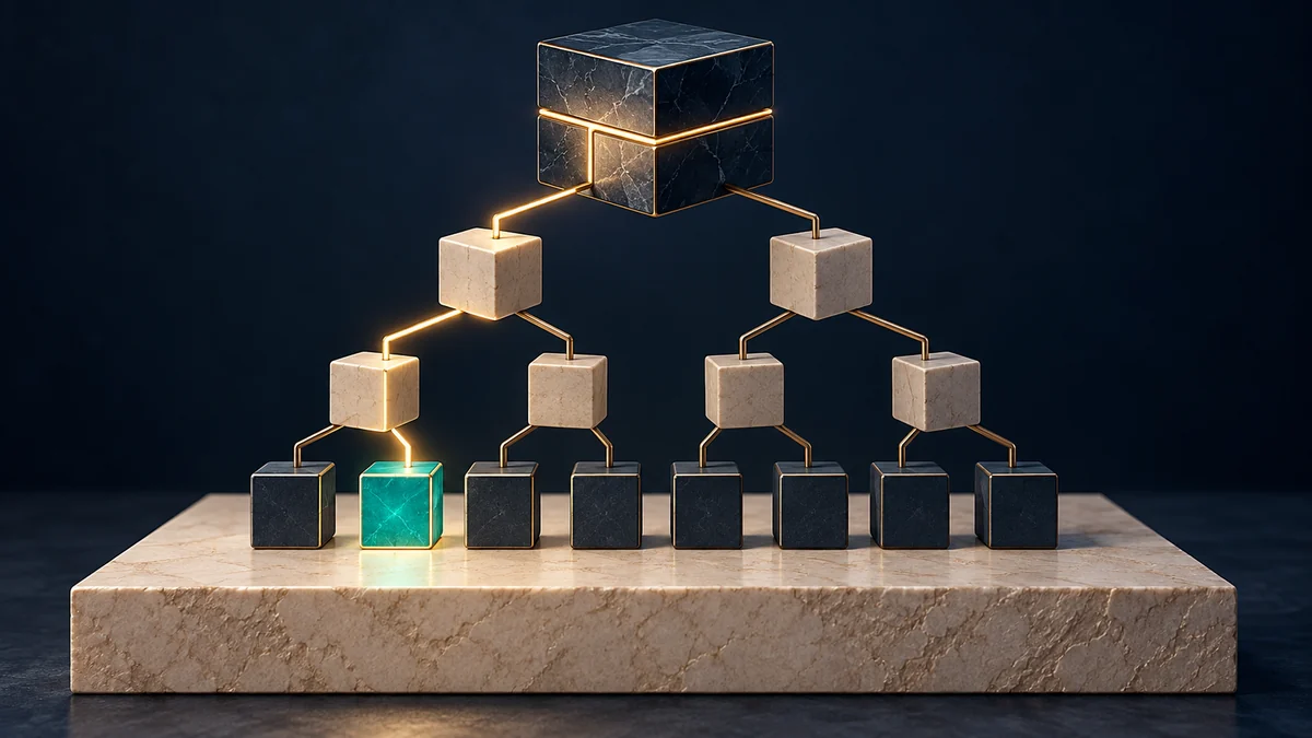 Ilustración interpretativa de una hoja iluminada conectada a través de un árbol de hachís geométrico a un bloque sellado.