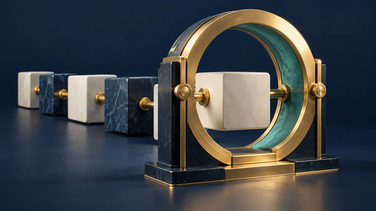 Una secuencia de bloques escultóricos detrás de una puerta de tiempo abstracto; ilustración editorial.