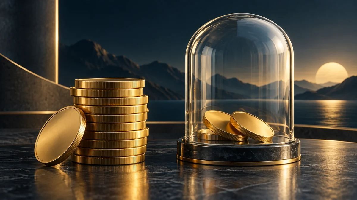 Ilustración interpretativa de una reserva finita Bitcoin con una porción cerrada y otros elementos accesibles.