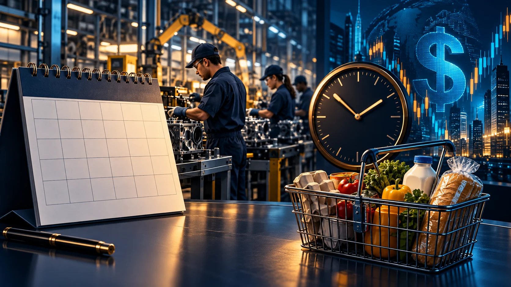 A calendar and labor-market documents beside an abstract inflation chart