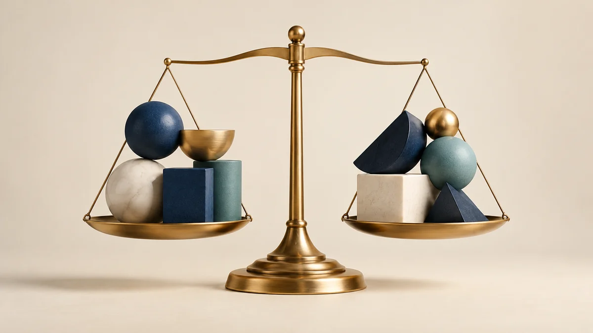 Resumen bloques contrastantes equilibrados alrededor de una escala central de encuestas; ilustración editorial.