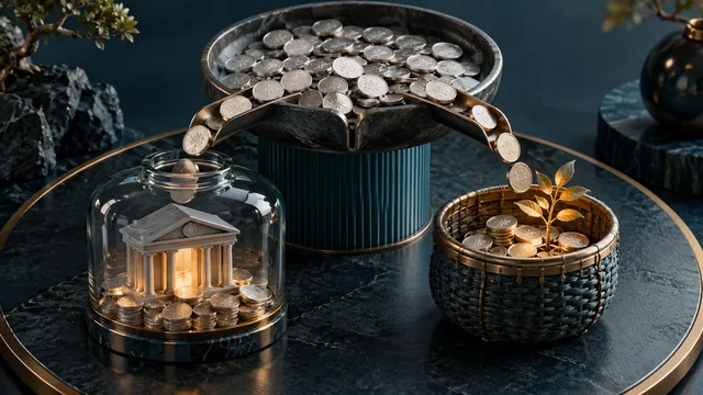Monedas de ocio que fluyen de una bandeja en un vaso de cristal y una cesta de inversión separada. Ilustración editorial generada por AI.