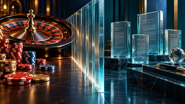 Objetos de casino separados por un límite transparente de prismas de contrato financiero. Ilustración editorial generada por AI.