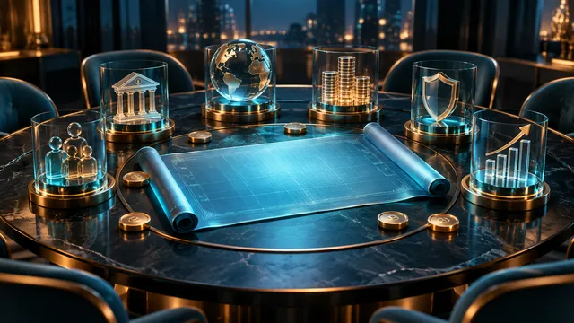Varios pilares del mercado alrededor de un plan de consulta abierta, representando las reglas de cripto-compuestas. Ilustración editorial generada por AI.