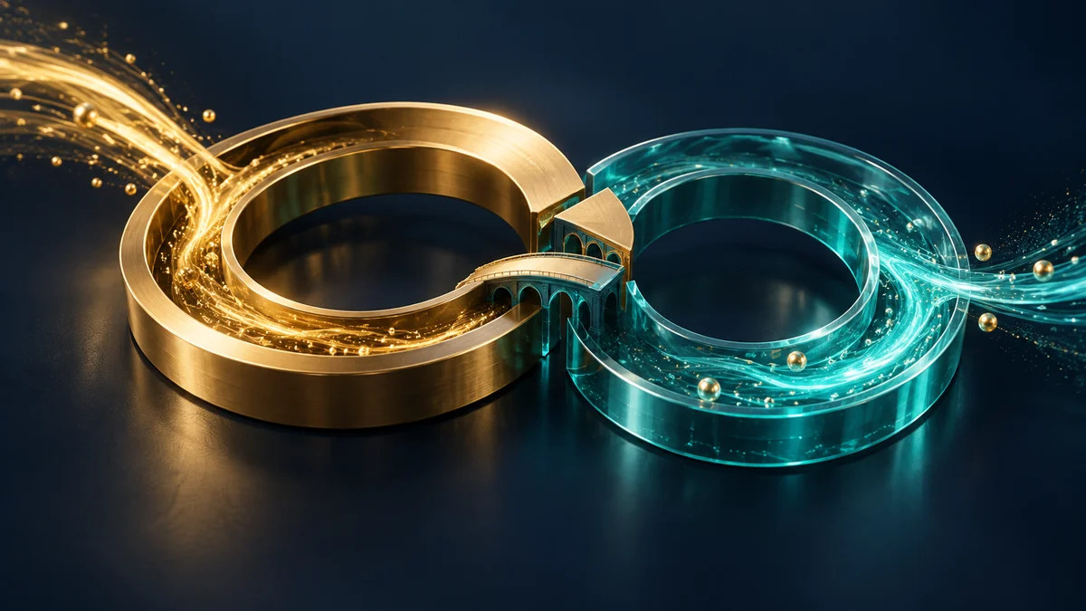 Ilustración interpretativa de dos anillos de financiación de divisas conectados por un puente de compensación.