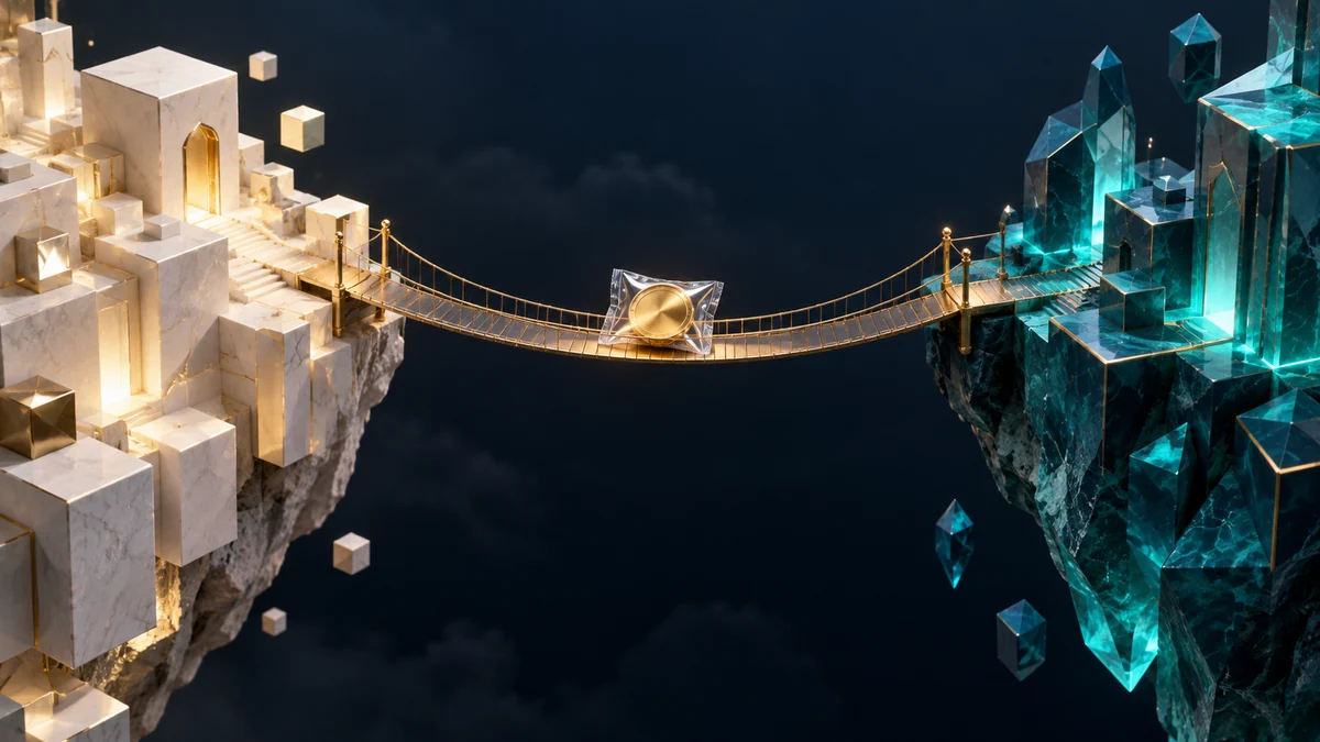 Ilustración interpretativa de un token envuelto cruzando un puente entre dos redes de blockchain separadas.
