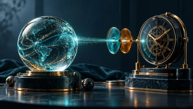 Un globo de datos luminoso conectado a un reloj mecánico, que representa la edad de las observaciones oráculo. Ilustración editorial generada por AI.