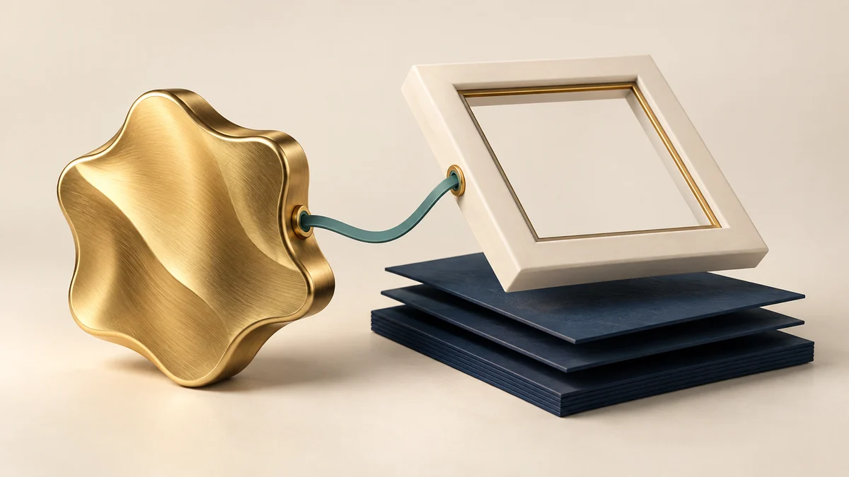 Un distintivo token escultórico junto a un marco de archivo desmontable; ilustración editorial.