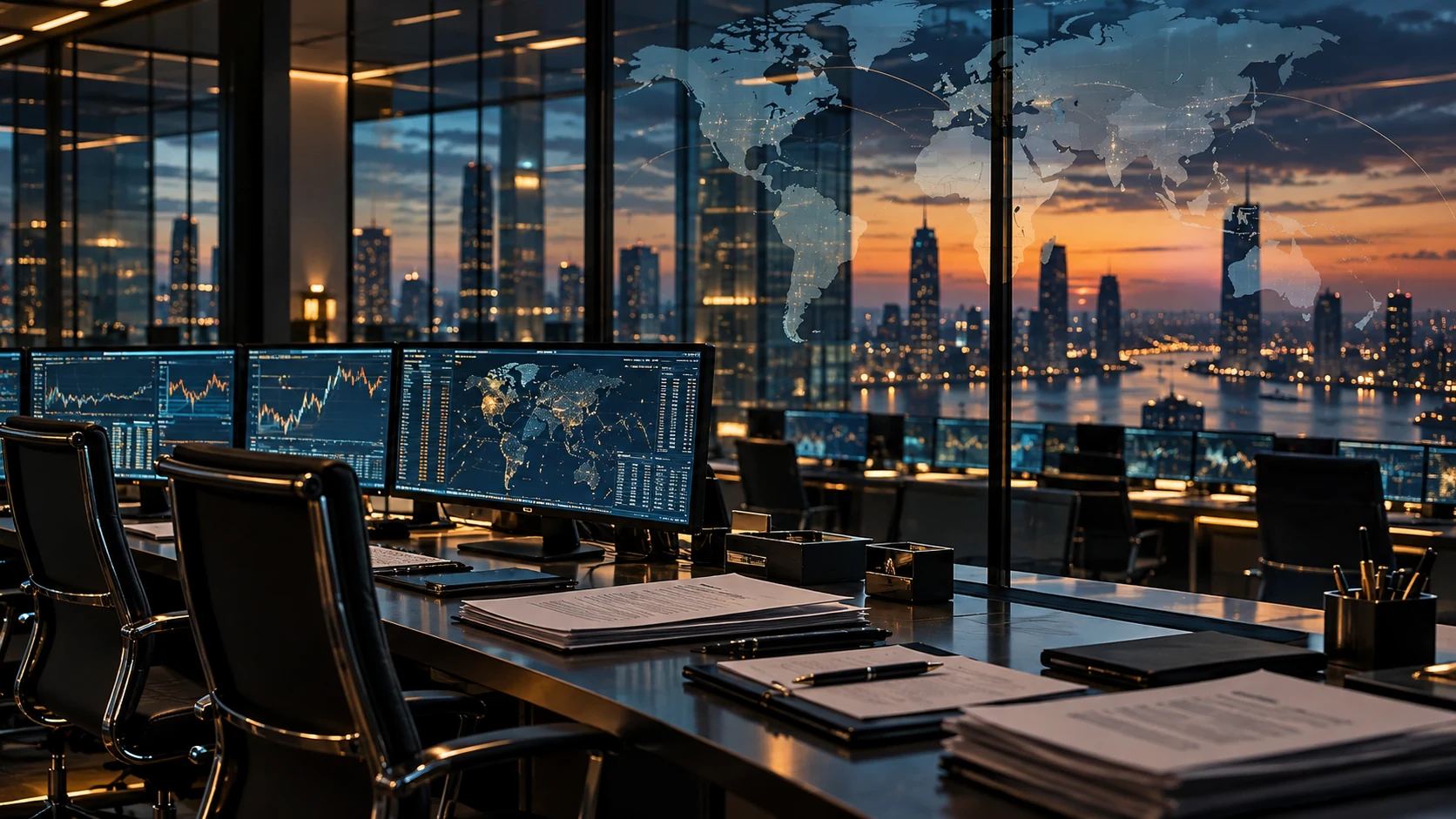 A glass financial operations room with a world map and compliance files across borders