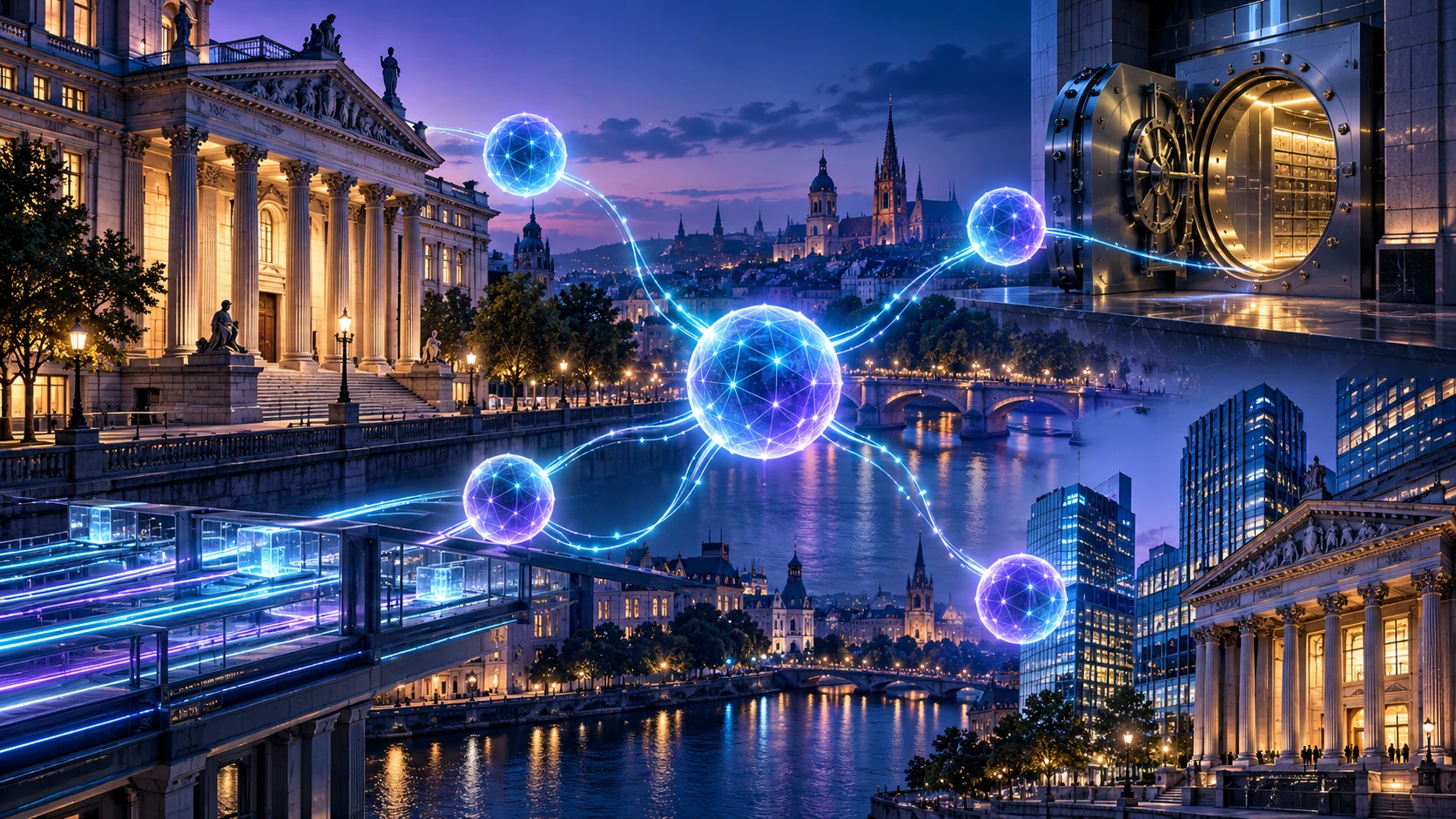 Abstract crypto market network reflected across institutional financial screens