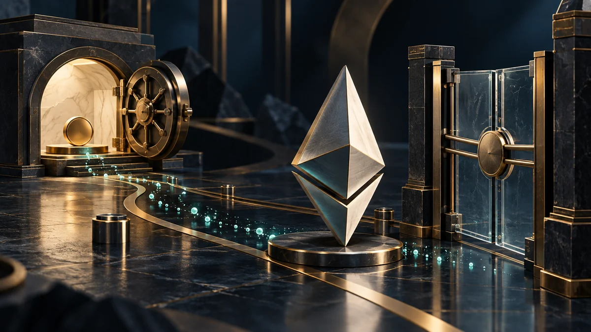 La ilustración interpretativa de una operación de Ethereum parada en una puerta mientras que un camino de alimentación de cálculo más pequeño sigue activo.