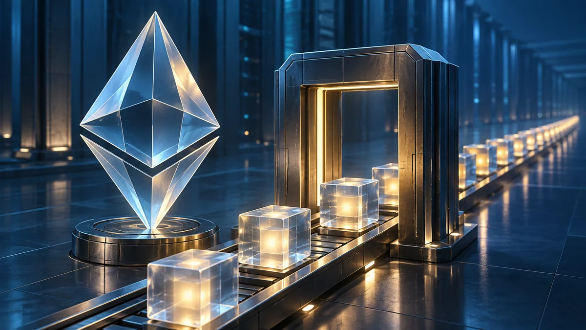 Ilustración editorial de un cristal de Ethereum, nodos validadores y una puerta de cola de retiro.