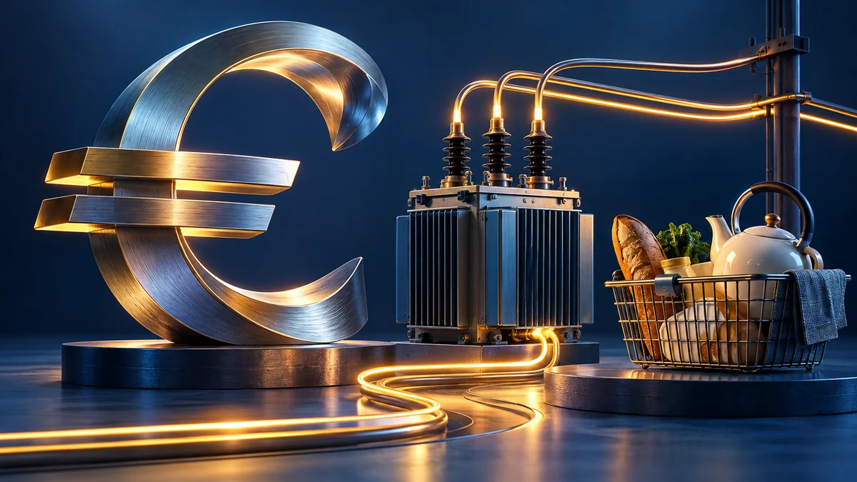 Ilustración editorial de una cesta de consumo y equipo energético de la zona euro, que representan componentes de inflación.