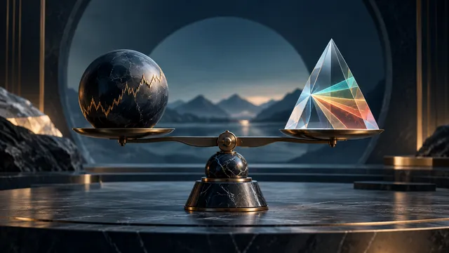 Un equilibrio que sostiene una esfera de precio-mercado opaco y un prisma de probabilidad translúcida. Ilustración editorial generada por AI.