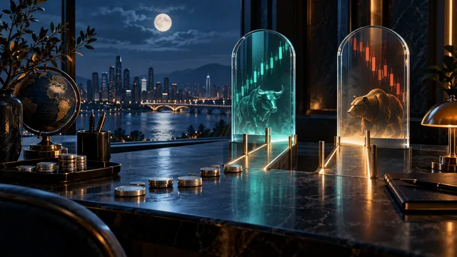 Dos portales de mercado iluminados y escasas fichas de comercio en un escritorio iluminado por la luna, que representan el acceso después de las horas. Ilustración editorial generada por AI.