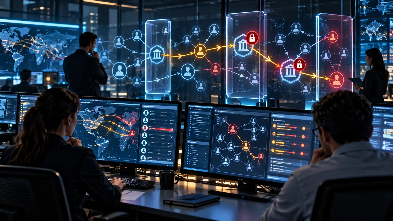 Financial-crime analysts tracing suspected mule-account transfers across a regulated brokerage and banking network