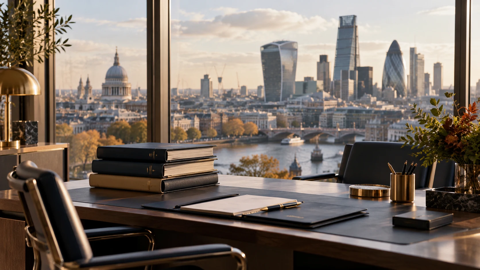 London wealth-management office overlooking the city with a client portfolio file on a desk