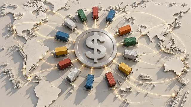 Contenedores de carga y rutas comerciales alrededor de un dólar de plata. IA-generada ilustración editorial conceptual, no evidencia documental.