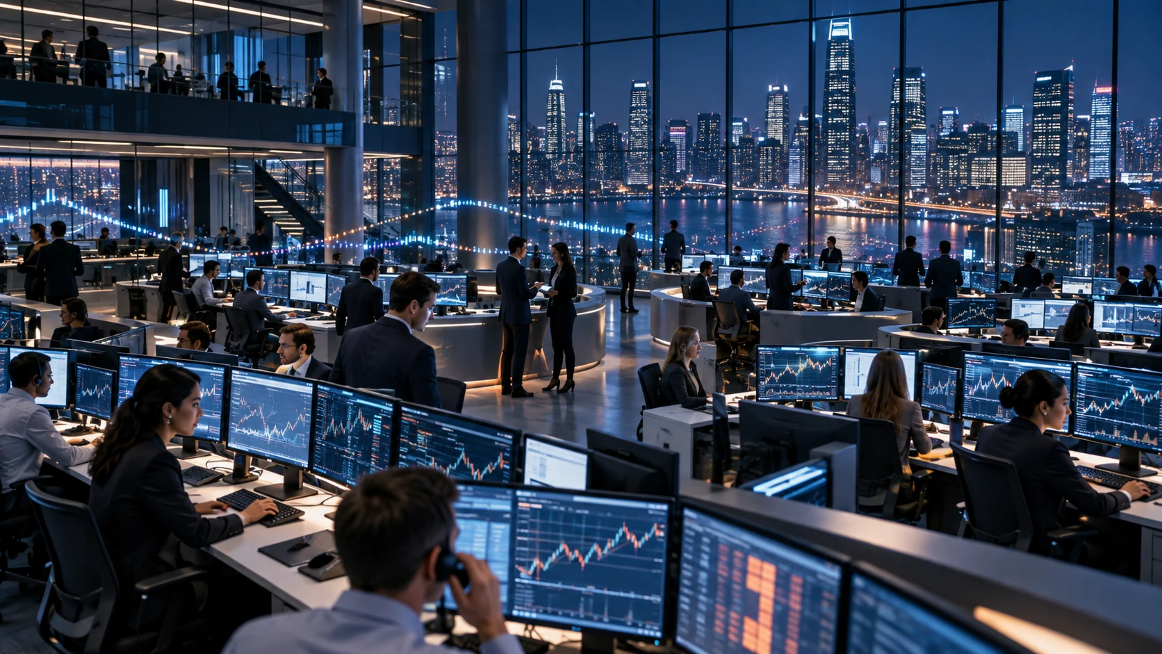 Modern brokerage operations centre showing workforce, firm concentration and extended-hours market activity