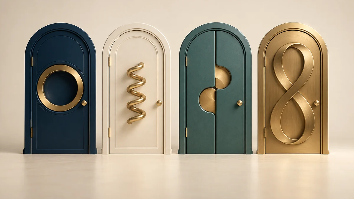 Cuatro puertas escultóricas con distintos mecanismos de cronometría abstracta; ilustración editorial.