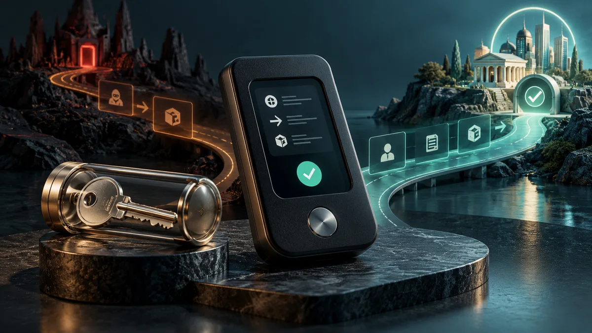 Um dispositivo de assinatura de hardware e uma chave protegida antes de dois caminhos de aprovação de transações contrastantes.