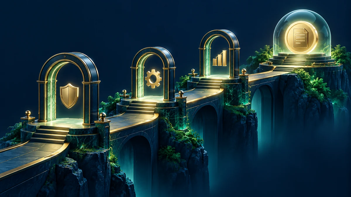 Ilustración interpretativa de tres puertas de requerimiento conectadas con un acento verde irlandés.