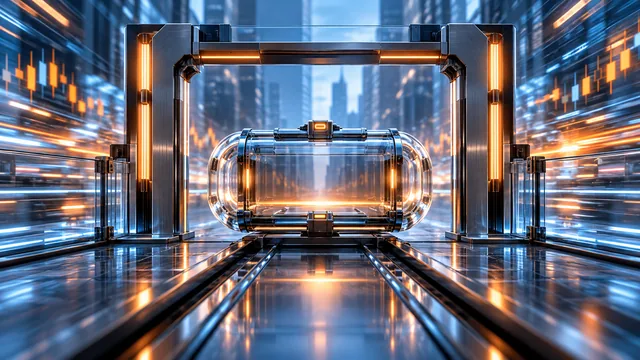 Una cápsula de orden se detuvo en una puerta precisa en medio de luces de mercado móviles. Ilustración editorial conceptual generada por AI, no evidencia documental.