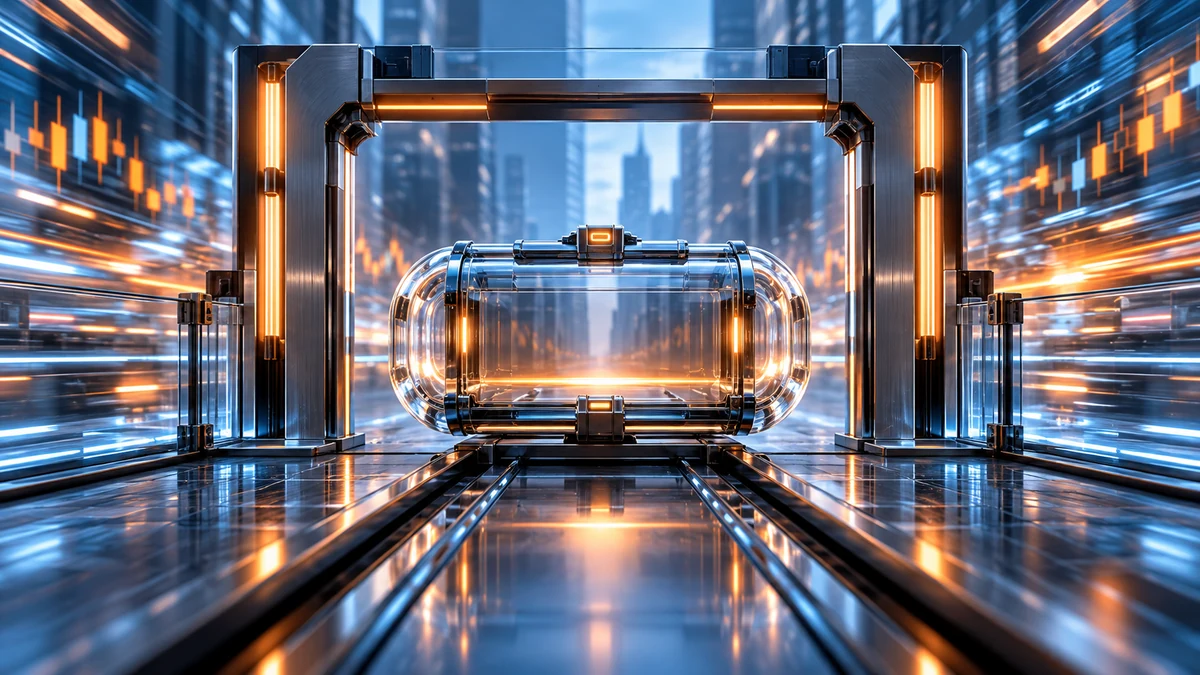 Una cápsula de orden se detuvo en una puerta precisa en medio de luces de mercado móviles. Ilustración editorial conceptual generada por AI, no evidencia documental.