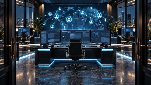 Sala de operaciones de corredores de primera calidad conceptual con nodos de clientes conectados. Ilustración editorial conceptual generada por AI, no pruebas documentales.