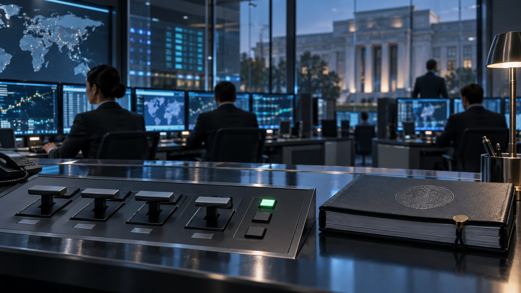 Central-bank operations desk with an inactive intervention control and a calm dollar market display