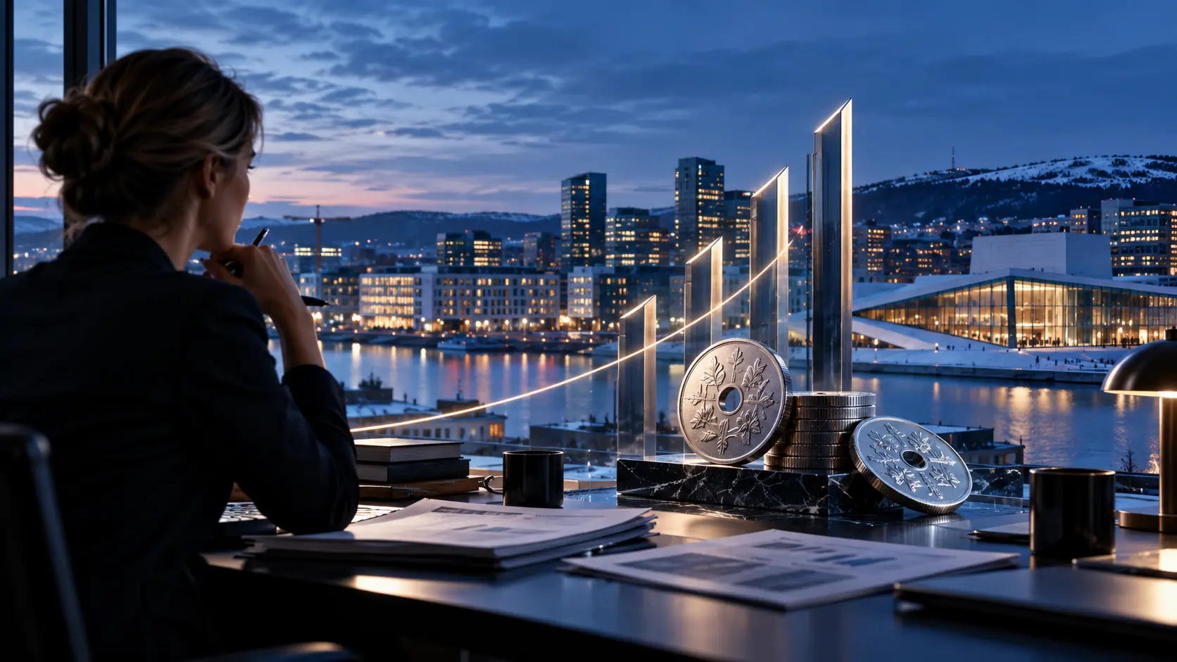 Norwegian central-bank policy desk with a restrained krone market display and an illuminated 4.50 percent rate marker