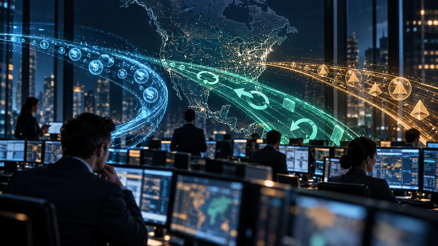 Institutional foreign-exchange trading floor with separate illuminated lanes for spot, swaps and options