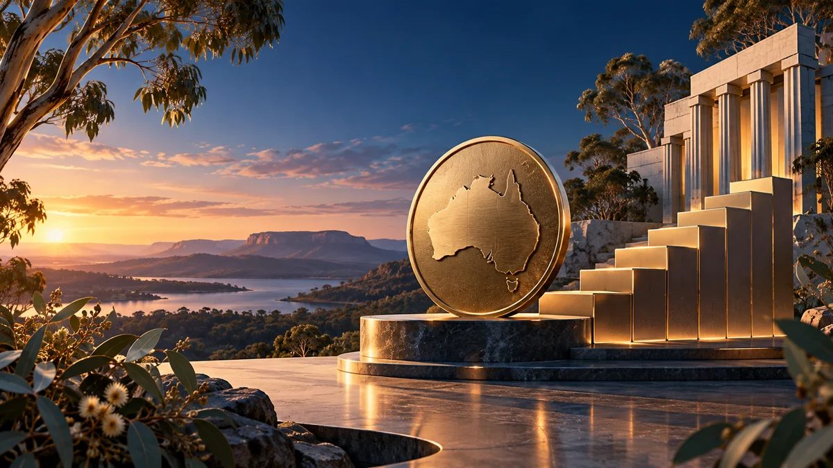 Ilustración editorial de arquitectura australiana y pasos de política ascendente, representando la decisión de la tasa RBA.