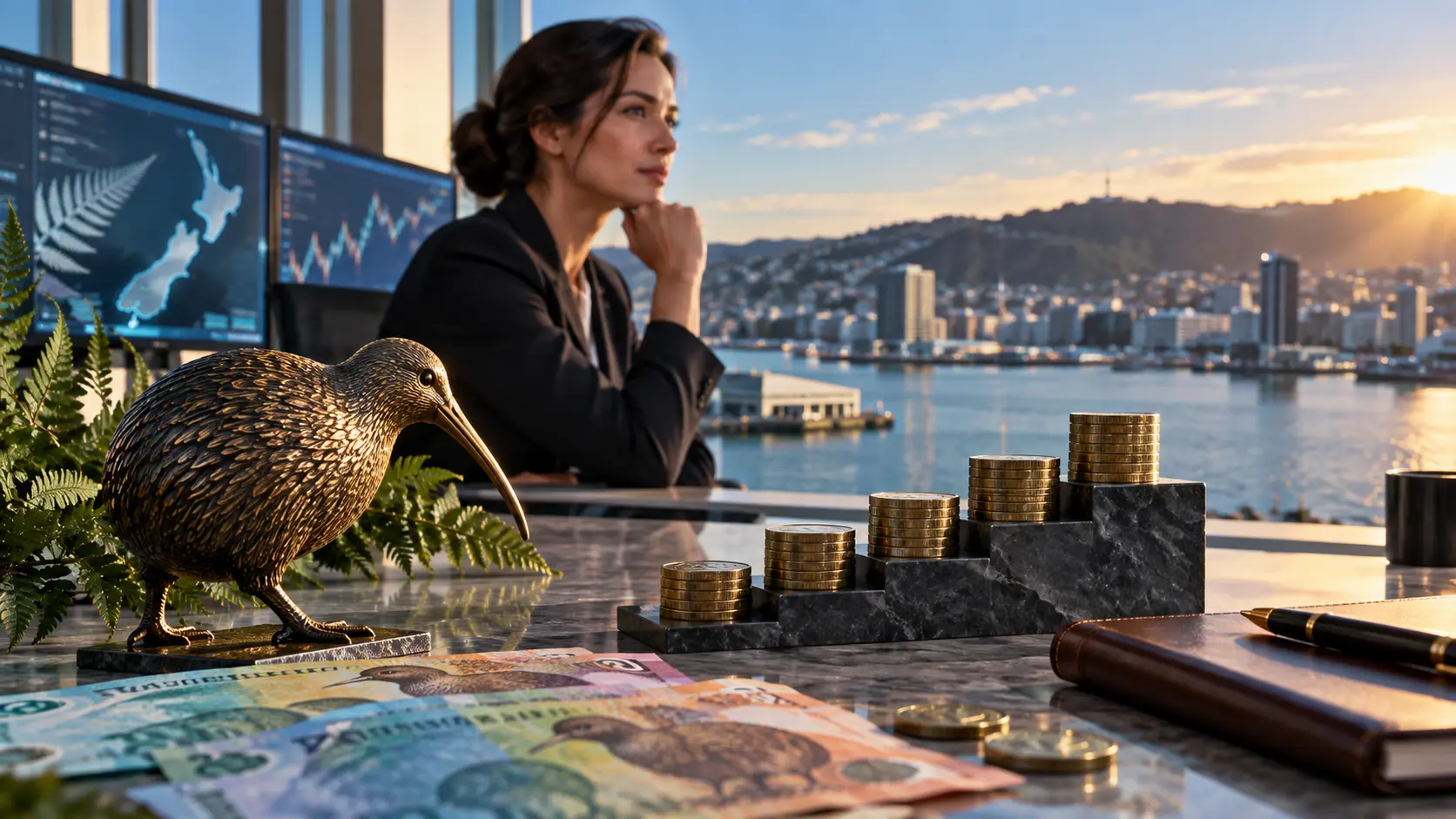 New Zealand monetary-policy table with an abstract kiwi-dollar market ribbon and a 2.75 percent rate indicator