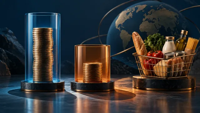 Dos apilados de monedas desiguales junto a una cesta de comestibles, que ilustran rendimientos nominales y poder adquisitivo. Ilustración editorial generada por AI.