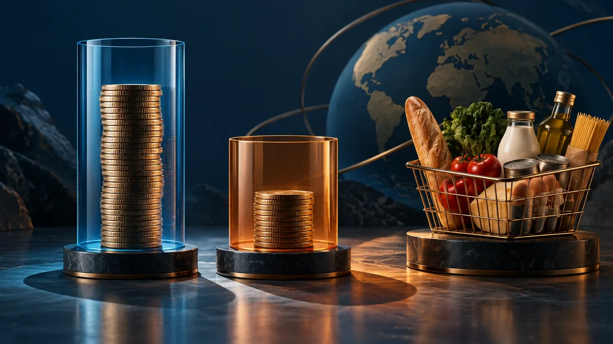 Две неравные стеки монет рядом с продуктовой корзиной, иллюстрирующие номинальную доходность и покупательную способность.