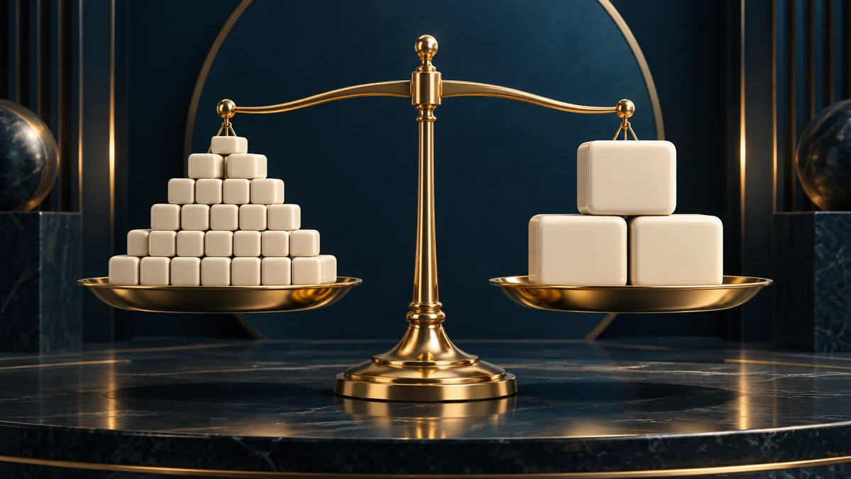 Ilustración interpretativa de varias fichas de acción más pequeñas consolidando en menos baldosas más grandes con masa total equilibrada.