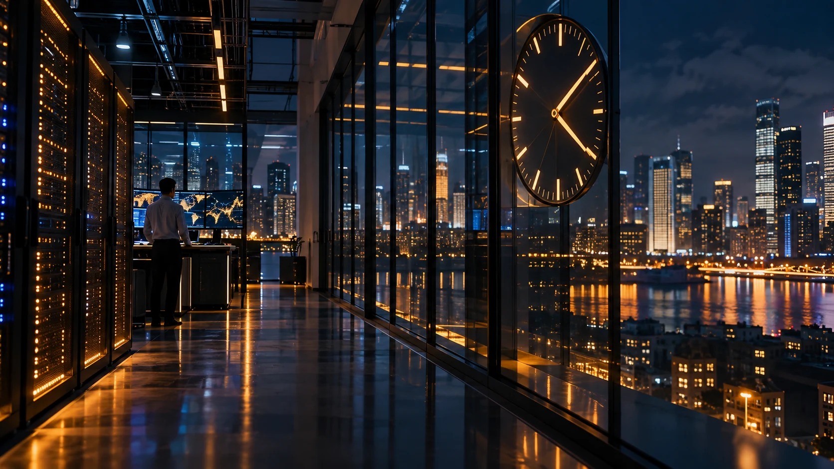 Night-time exchange infrastructure with a large clock and city lights in the background