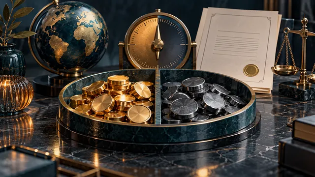 Dos cestas de token diferentes, además de un dial de tiempo y un documento legal neutral. Ilustración editorial generada por AI.