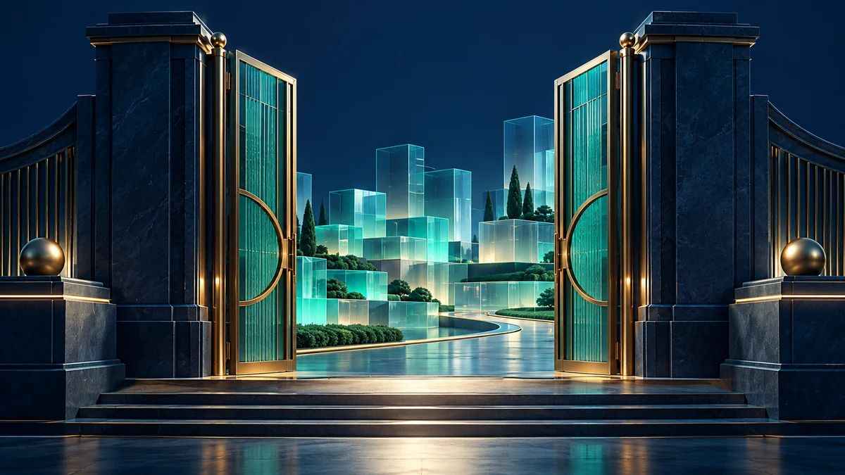 Ilustración interpretativa de una puerta de entrada estructurada de inversión que se abre parcialmente a los mercados privados.